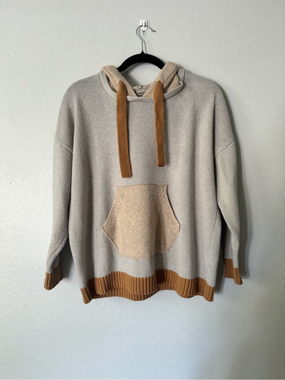 Fashion Concepts Beige Knit Hooded Sweater with Brown Trim Kangroo Pocket